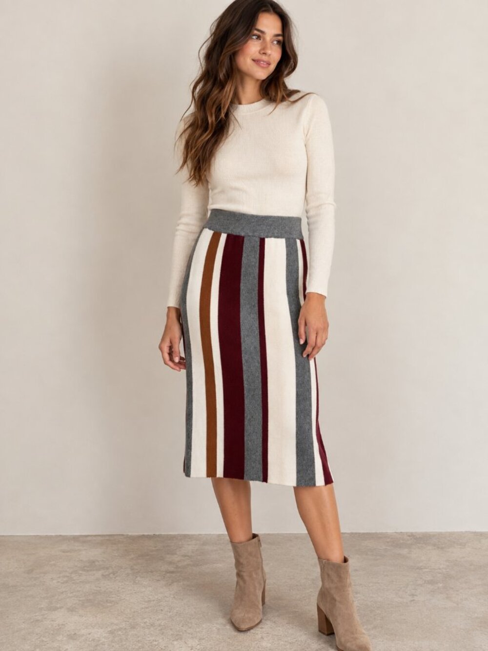 Multicolor Vertical Stripe Knit Sweater Skirt Burgundy Rust Gray Cream